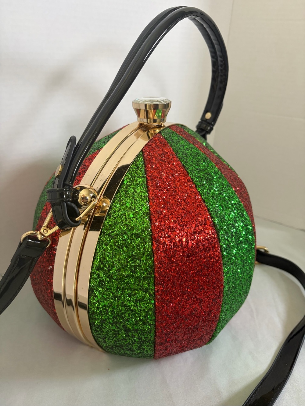 Christmas Ornament Purse Red Green Glitter Round Hard Case Crossbody Bag - Picture 4 of 13